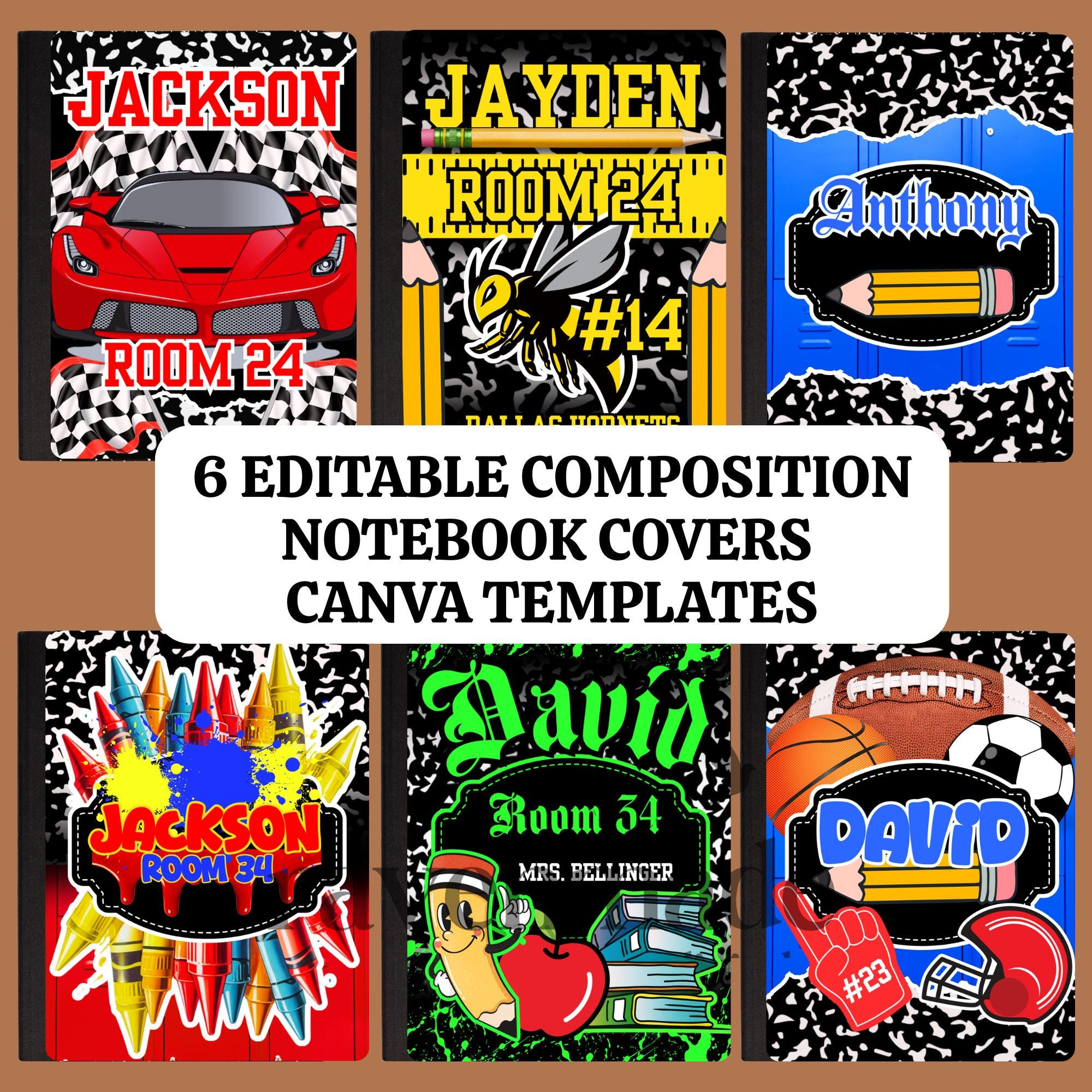 6 Editable Composition Notebook Cover Templates for Boys | Canva KDP Templates | Back to School Digital Download | Printable Journal Covers