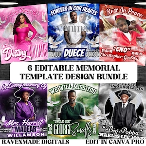 May include: A bundle of six editable memorial template designs. Each design features a portrait, names, and dates, with decorative elements like doves and angel wings. The templates are for use in Canva Pro.