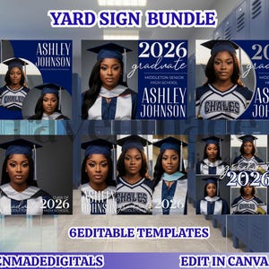 Op de afbeelding: Een bundel van zes bewerkbare afstudeer-tuinbord sjablonen. Elke sjabloon bevat een portret van een afgestudeerde, het jaar 2026 en de naam en school van de afgestudeerde. De borden zijn in blauw- en wittinten.