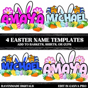 Plantillas editables de nombres de conejos de Pascua, 4 diseños personalizados de orejas de conejo para cestas, camisetas y calcomanías (descarga digital)