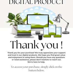 May include: A digital product download page with a thank you message and a button that says "Download". The image features a laptop, desktop computer, and tablet screens displaying a nature scene with clouds and green hills.