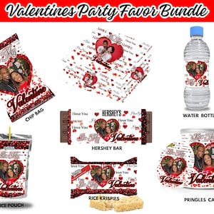 May include: A Valentine's Day party favour bundle with a variety of items, including a crisp bag, a Hershey's bar, a juice pouch, a water bottle, a Pringles can, and a box of Rice Krispies. Each item features a red and white design with the text "Be My Valentine" and a couple's photo.