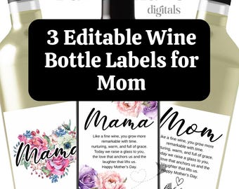 3 Editable Mom Wine Label Templates | Mother’s Day or Birthday | Printable Wine Bottle Stickers (Digital Download)