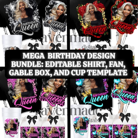Premium Glam Birthday Party Favor Bundle Templates, 4 Editable T Shirt, Gable Box, Fan & Cup Sticker Printable Party Set