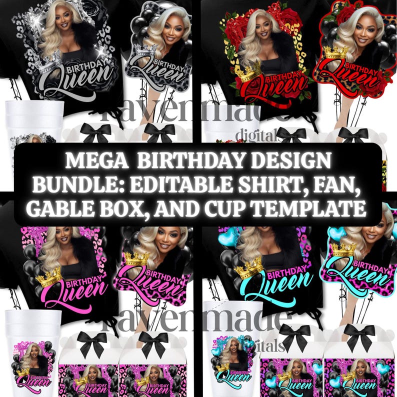 Peut inclure: Un ensemble de conception num&eacute;rique sur le th&egrave;me "Birthday Queen". Le lot comprend des mod&egrave;les modifiables pour les chemises, les &eacute;ventails, les bo&icirc;tes &agrave; rabat et les tasses. Les motifs pr&eacute;sentent une femme blonde, des couronnes et des ballons.