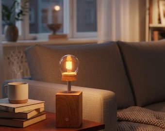 Oak bedside lamp, cordless, battery-powered LED table lamp, dimmable, touch reading lamp, modern wooden table lamp, gift