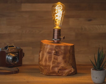 Edison lamp, table lamp, LED light, made of wood, handmade, high-quality wood lamp