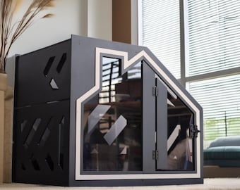 Dark Gray Wooden Dog Crate – Modern Indoor Kennel Furniture