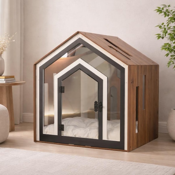 Modern Wooden Dog Crate Furniture – Indoor Dog House Bed with Cushion