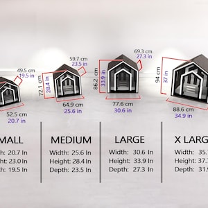 May include: Four grey pet houses in small, medium, large, and extra-large sizes. Each house features a white-trimmed entrance and roofline. Dimensions are provided in inches for each size, ranging from 20.7 to 35.7 inches in width.