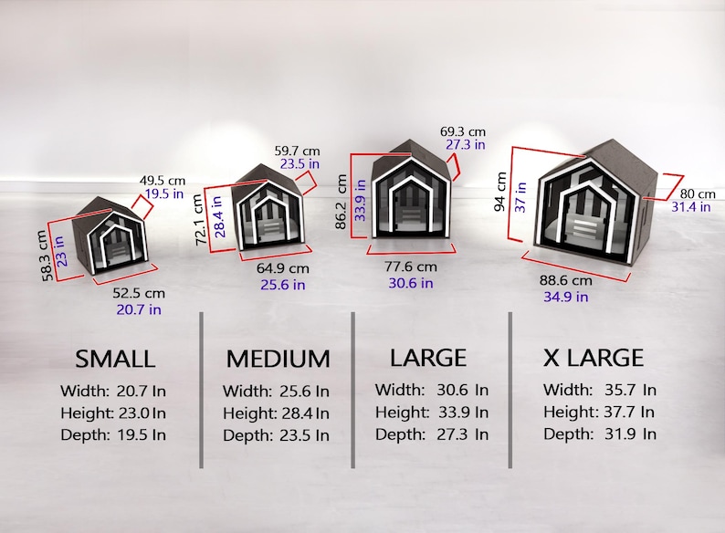 May include: Four grey pet houses in small, medium, large, and extra-large sizes. Each house features a white-trimmed entrance and roofline. Dimensions are provided in inches for each size, ranging from 20.7 to 35.7 inches in width.