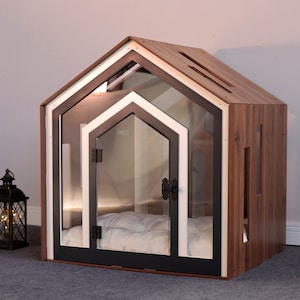 Mid Walnut Dog Crate With Custom Dog Bed, Dog Crate Furniture, Modern Dog Kennel, Indoor Dog House, Cat House, Cat Bed