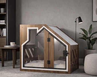 Walnut Wooden Dog Crate with Cushion – Modern Indoor Pet House