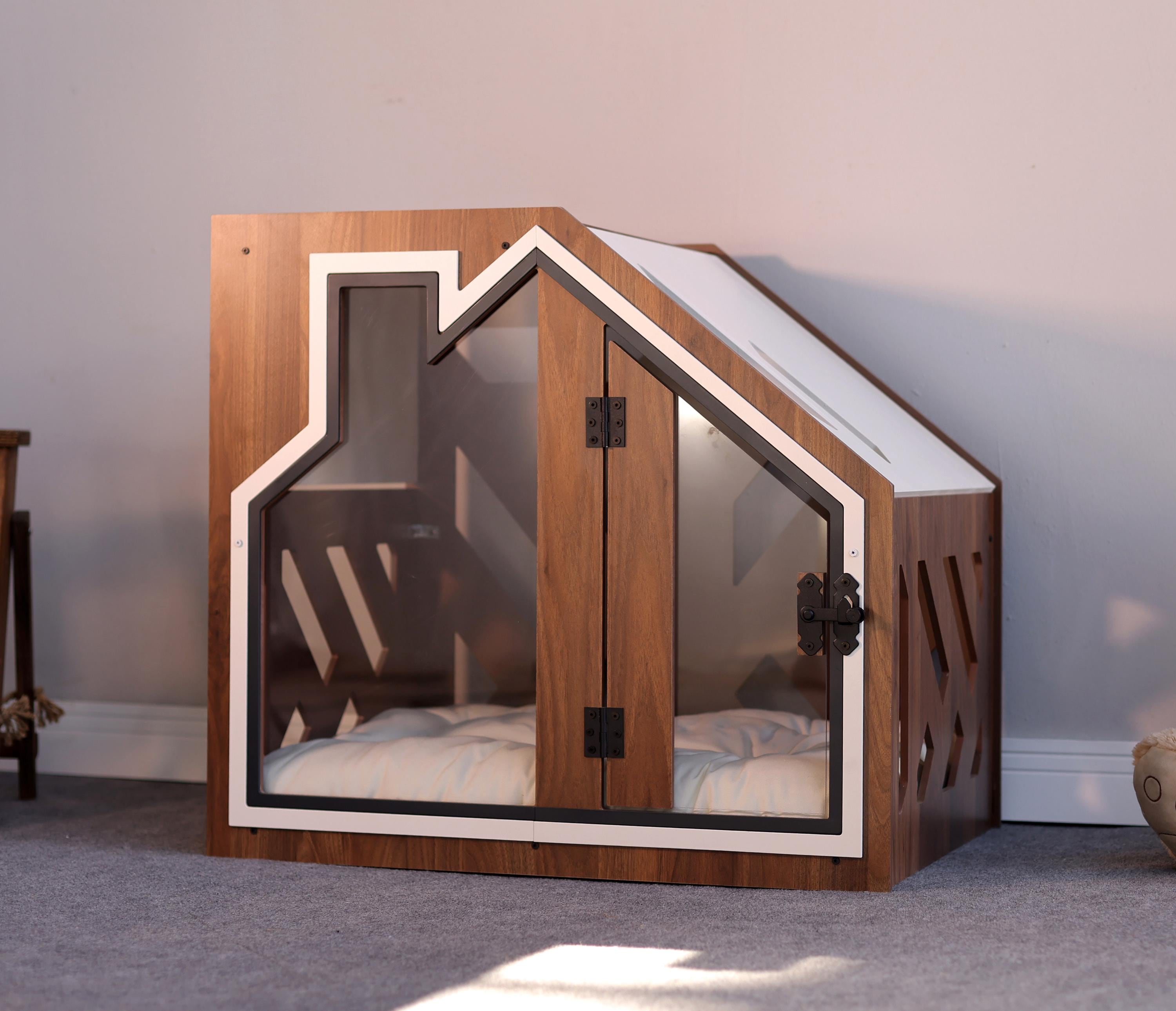 BCL Walnut S Wooden Luxury Dog Crate With Dog Bed, Dog House Indoor, Dog Kennel Furniture, Wooden Dog House, Dog Crate