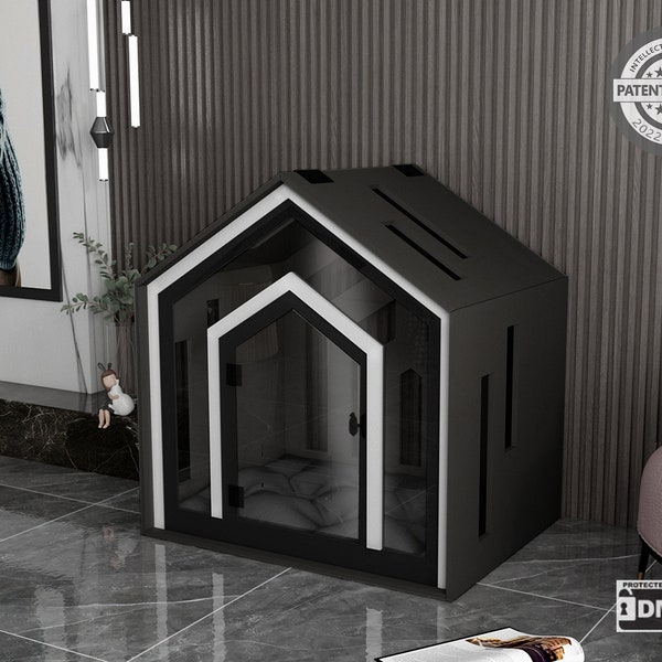 Luxury Mid Dark Gray Dog Crate With Cushion, Modern Indoor Dog Kennel, Wooden Pet House, Unique Cat Crate, Dog And Cat Sleeping Place