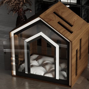 Mid Walnut Dog Crate With Custom Dog Bed, Dog Crate Furniture, Modern Dog Kennel, Indoor Dog House, Cat House, Cat Bed image 1