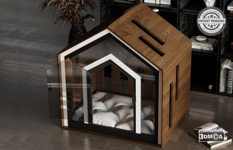 Mid Walnut Dog Crate With Custom Dog Bed, Dog Crate Furniture, Modern Dog Kennel, Indoor Dog House, Cat House, Cat Bed image 1