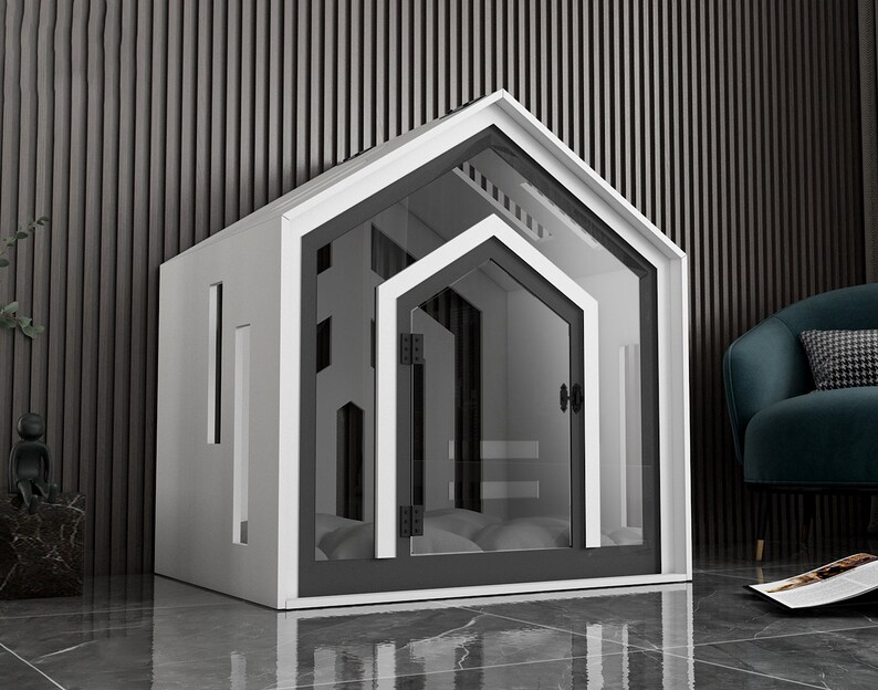 Mid White Dog Crate With Dog Bed, Premium Wooden Dog Crate with Free