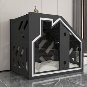 BCL Dark Gray And White Dog Crate Furniture With Dog Bed, Luxury Dog Kennel, Modern Wooden Dog Crate, Pet Furniture, Cat Furniture, Dog Bed