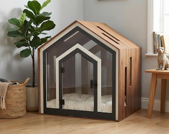 Walnut Wooden Dog House – Modern Indoor Crate Furniture