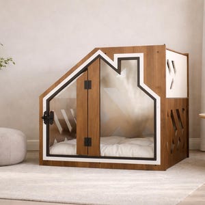 Walnut Wooden Dog Crate with Bed – Modern Indoor Kennel