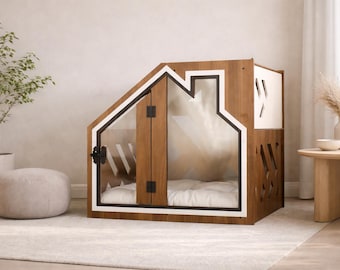 Walnut Wooden Dog Crate with Bed – Modern Indoor Kennel
