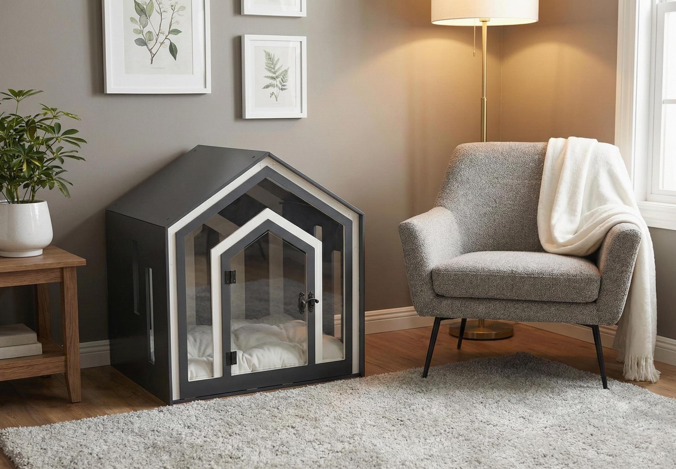 Modern Wooden Dog Crate - Black & White Indoor Dog House, Large