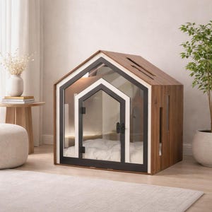 Modern Wooden Dog Crate Furniture – Indoor Dog House Bed with Cushion
