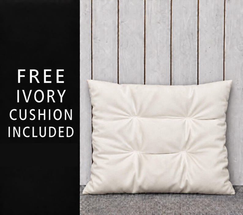 This may include: a square pillow in an ivory tone. The left side has the text "FREE IVORY CUSHION INCLUDED" printed on it; it's an IVORY colored pillow.