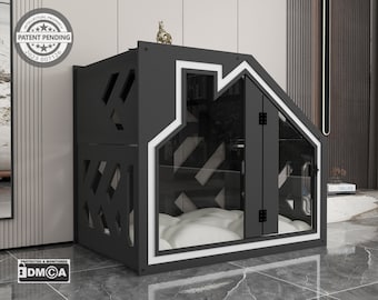 BCL Donkergrijs en wit hondenbenchmeubilair met hondenbed, luxe hondenkennel, moderne houten hondenbench, huisdiermeubilair, kattenmeubilair