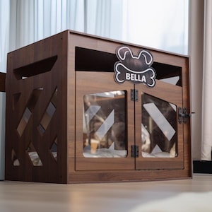 DOGLOG B Walnut, Wooden White Dog House, Uxury Dog Furniture, Dog Kennel, Dog Crate, Wood Dog House, Wood Dog Kennel,  Dog House