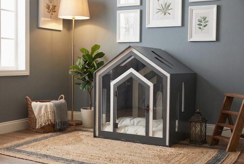 May include: A dark gray pet house with a gabled roof, white trim, and a clear front panel door. The structure features a hinged door with a black latch and contains a white cushioned interior floor, providing a contained space for a pet.