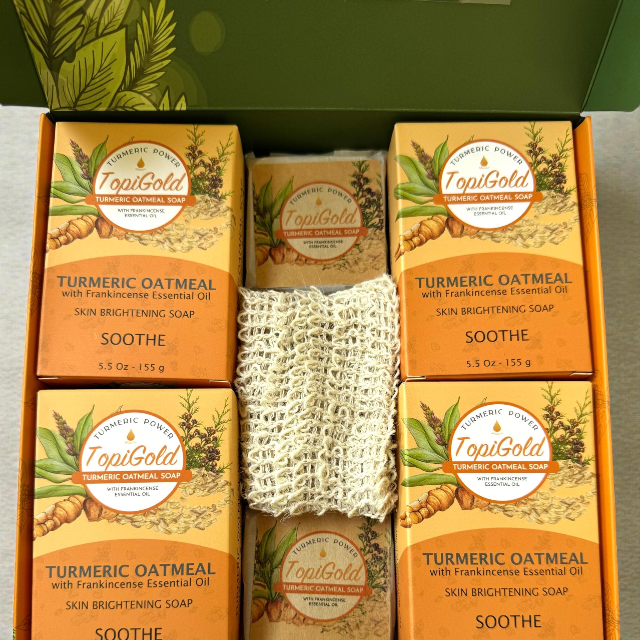 Turmeric Oatmeal Soap Gift Set with Frankincense, Shea Butter, Goat Milk. Woodsy Aroma. 3 Free Gifts
