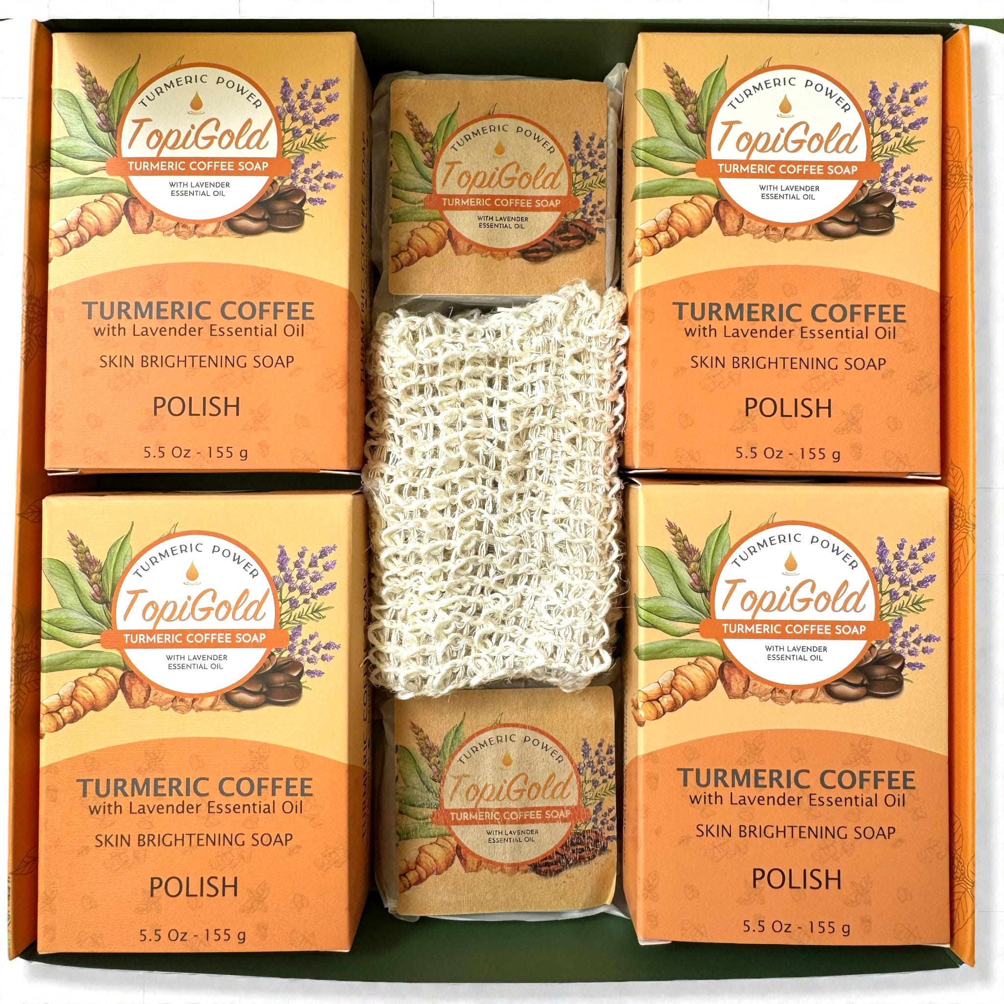 glutathione shop goodearth TopiGold Turmeric Coffee Energizing Gift Set • 4 Large Bars • 2 Travel Soaps • Natural Sisal Soap Bag • Lavender • Floral Aroma Stretch Mark Treatment with