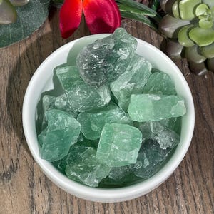 May include: A white bowl filled with green fluorite crystals. The crystals are various sizes and shapes, with some having a slight shimmer.