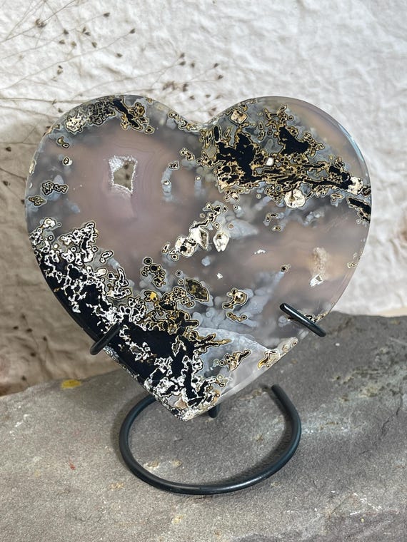 Assorted Agate Crystal Hearts w/Stand,|Botswana, Flower, Ocean Jasper Collection