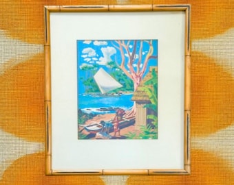 Framed "Hawaiian Fisherman" Art Print – Vintage Bamboo Frame