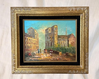 Signed Vintage European City Scene Oil Painting with Black Velvet Matting