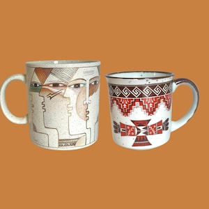 Vintage Coffee Mugs - For Choice - Laurel Burch Face Paintings 1990 , Southwest Stoneware Totem Bird Mug