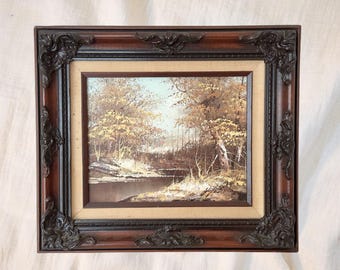 Autumn Creek Landscape Oil Painting with Ornate Wood Frame - Dark and Moody