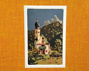 Vintage Mountain Monastery Needlepoint - Complete Finished