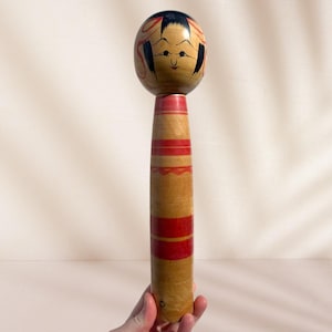 Tall Hand-Painted Japanese Kokeshi Doll - 11.75” Tall Red and Black Hand Carved
