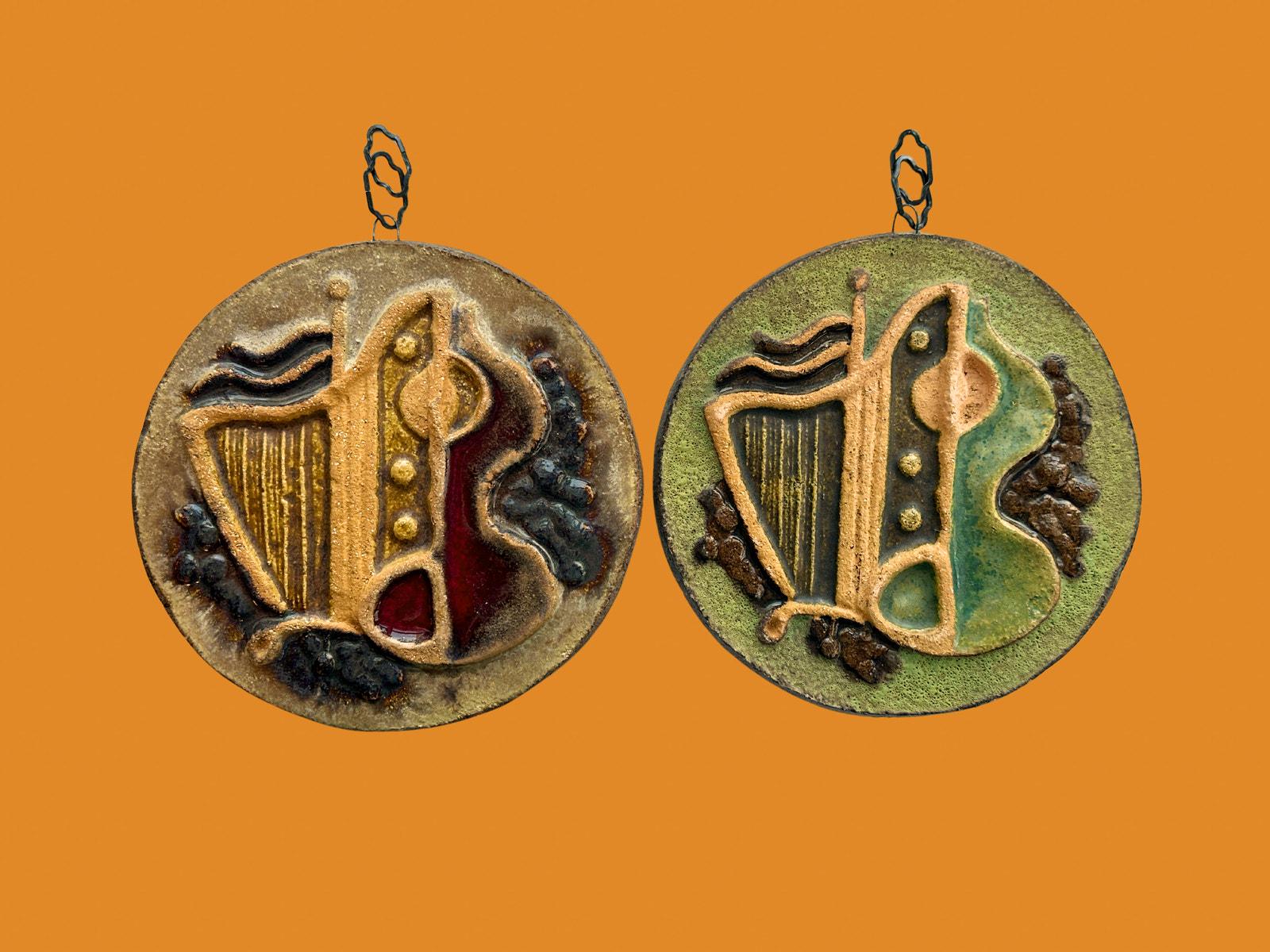 Pair MCM Stoneware Musical Wall Plaques – Harp and Guitar, Abstract Cubist