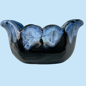 Anna Van Briggle Blue and Black Pottery Planter - Scalloped Tulip Seafoam Glaze