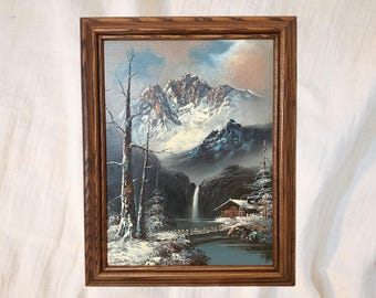 Large Vintage Mountain Cabin Landscape Oil Painting by W. Ranch