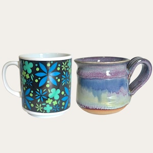 Vintage Coffee Mugs - For Choice - Signed Studio Pottery, Vintage Flower Power - Blue Green Purple