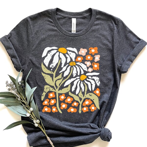 Flowers Tshirt, Boho Wildflowers Floral Nature Shirt, Tee,  Garment Dyed, Boho, Oversized, Vintage, Art Nouveau Art Deco