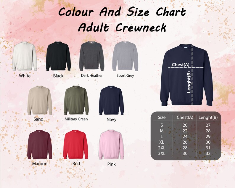 a picture of a long sleeved shirt with the names of different colors and sizes