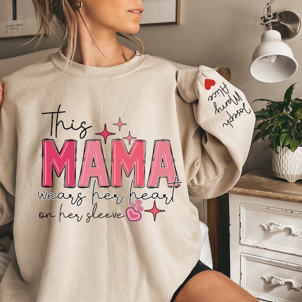 Mama Wears Her Heart Sweatshirt, Heart On Sleeve Tee, Faux Glitter Tee, Mothers Day Tee, Mom Gift, Name On Sleeve Tee, Mama Day Gift