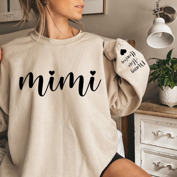 Personalized Mimi Sweatshirt with Kids Names on Sleeve, Mimi Sweater, Mimi Gift from Grandkids, Grandma Shirt,Grandma Gift, Pregnancy Reveal